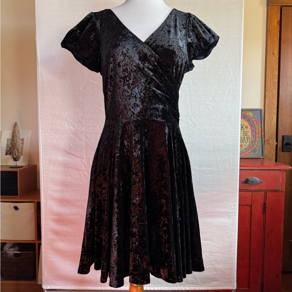 Betsey Johnson Black Crushed Velvet Fit & Flare Mini Dress